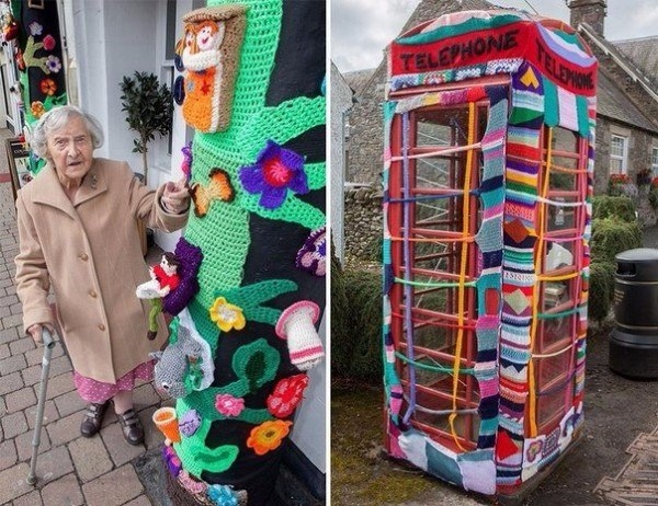 104-летняя бабушка украшает свой город связанными вручную вещами